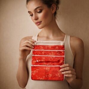 Red Brocade Jewelry Organizer Roll Travel Case Floral Zip Pouches Vintage